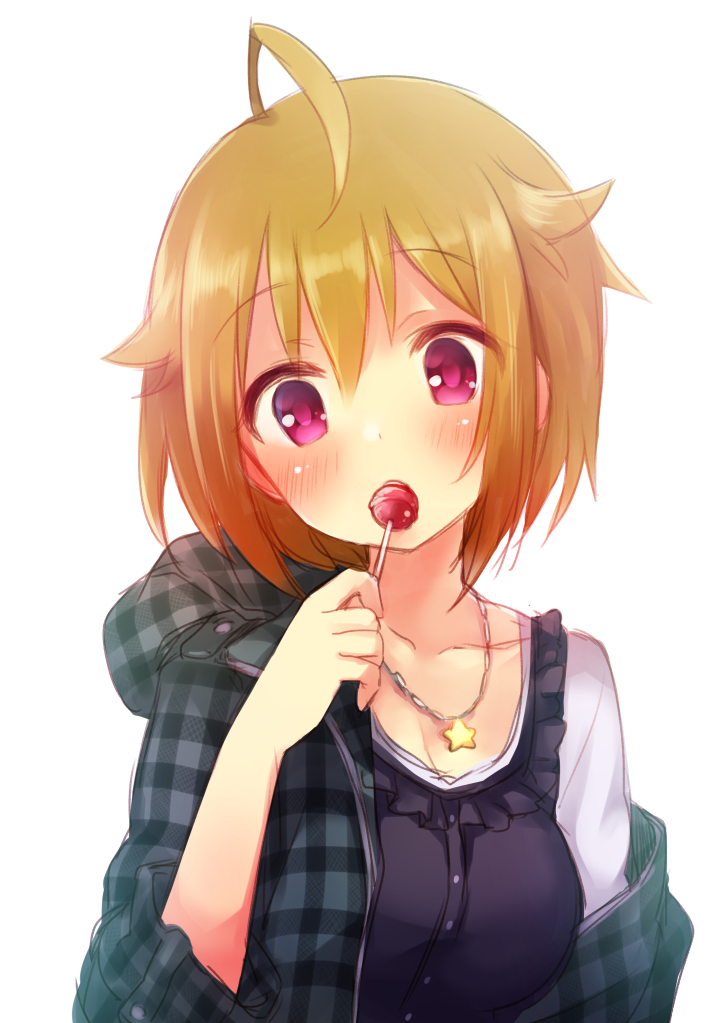 ahoge blush brown_hair candy food food_in_mouth fummy ibuki_tsubasa idolmaster idolmaster_million_live! jacket jewelry lollipop looking_at_viewer necklace off_shoulder pink_eyes plaid_jacket short_hair solo star star_necklace white_background
