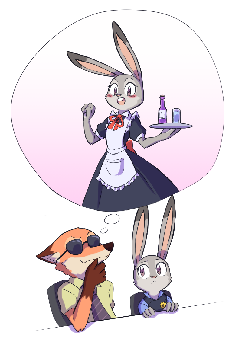 blush canine clothing daydream disney duo eyewear female fox judy_hopps lagomorph maid_uniform male mammal nick_wilde paulgq police_uniform rabbit simple_background sunglasses uniform white_background zootopia