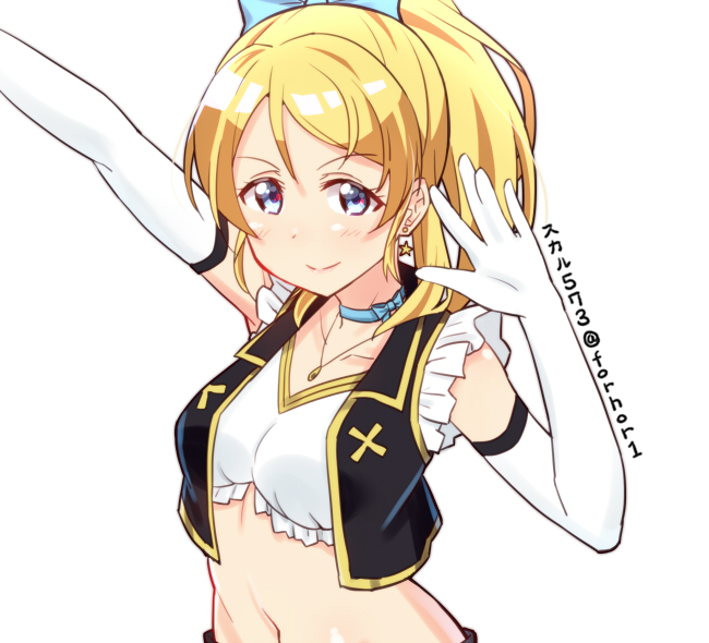 arm_up ayase_eli blonde_hair blue_eyes blush choker earrings elbow_gloves gloves jewelry looking_at_viewer love_live! love_live!_school_idol_project no_brand_girls pendant ponytail short_hair simple_background skull573 solo star star_earrings white_background white_gloves