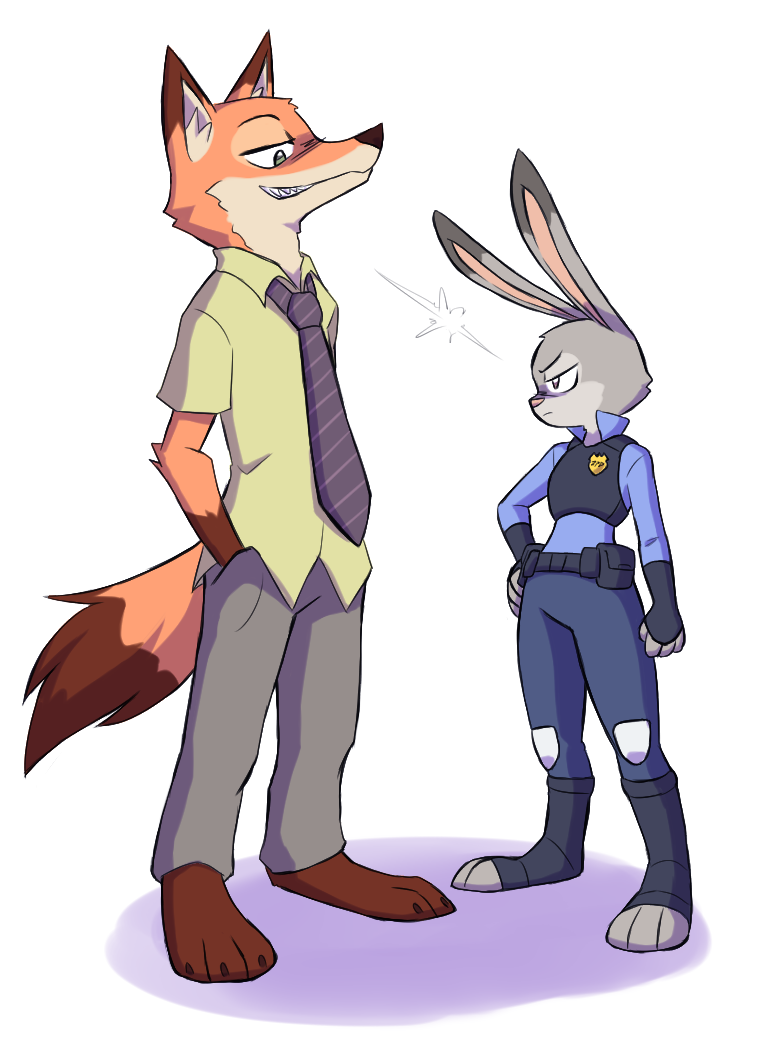 canine clothing disney duo eye_contact female fox judy_hopps lagomorph male mammal nick_wilde paulgq police_uniform rabbit simple_background uniform white_background zootopia