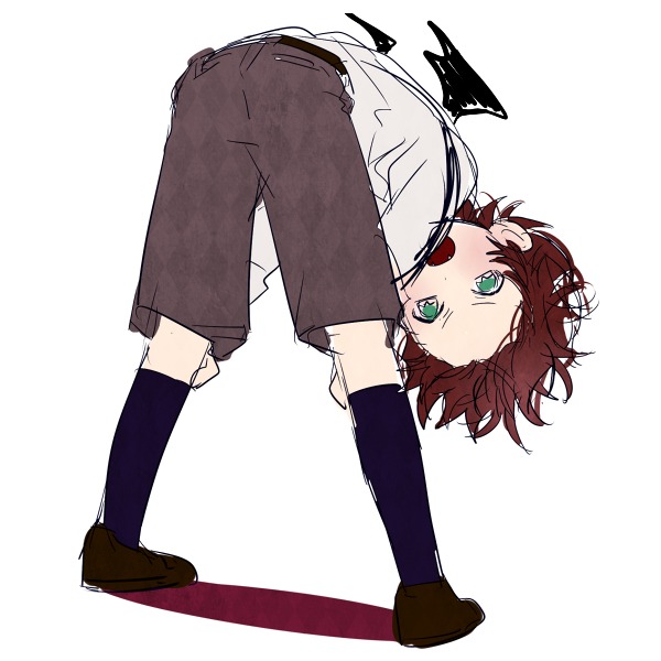 1boy bat_wings bent_over blush child diabolik_lovers fangs full_body green_eyes kneehighs loafers looking_at_viewer male_focus norita_(noritttta) open_mouth red_hair sakamaki_ayato shorts simple_background solo suspenders tsurime vampire white_background wings younger