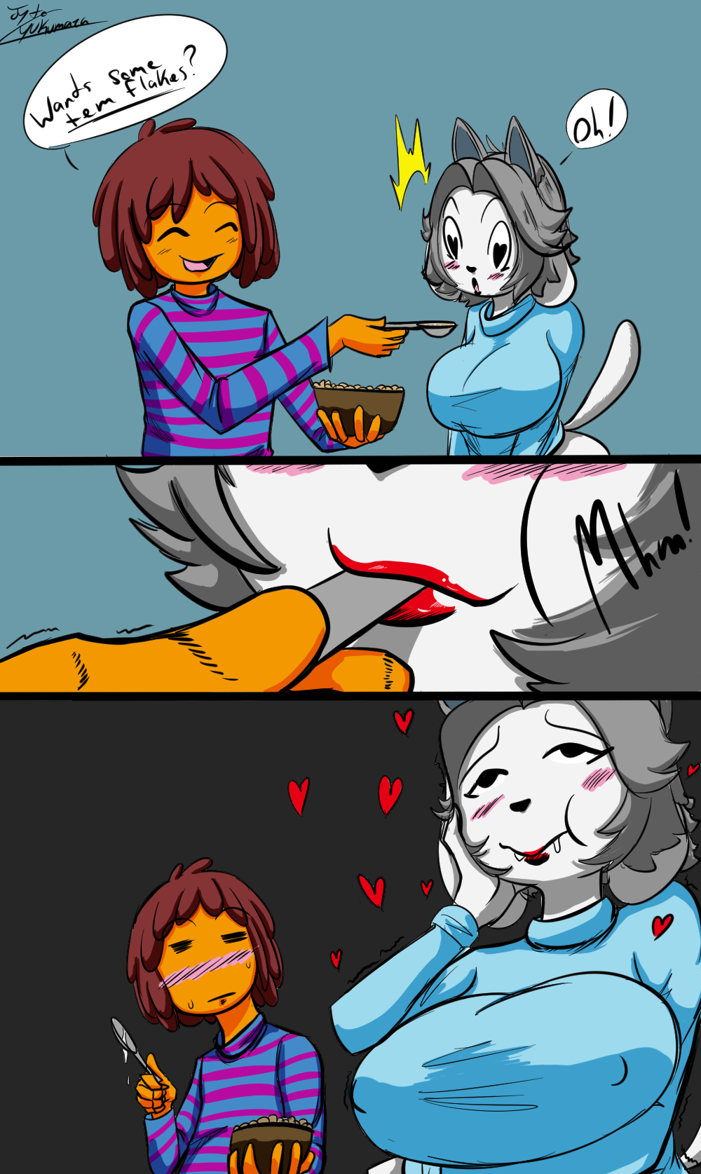 2016 ambiguous_gender anthro big_breasts blush breasts canine cat clothed clothing comic digital_media_(artwork) dog duo feline female fur hair human jyto mammal protagonist_(undertale) simple_background tem temmie_(undertale) text undertale video_games white_fur
