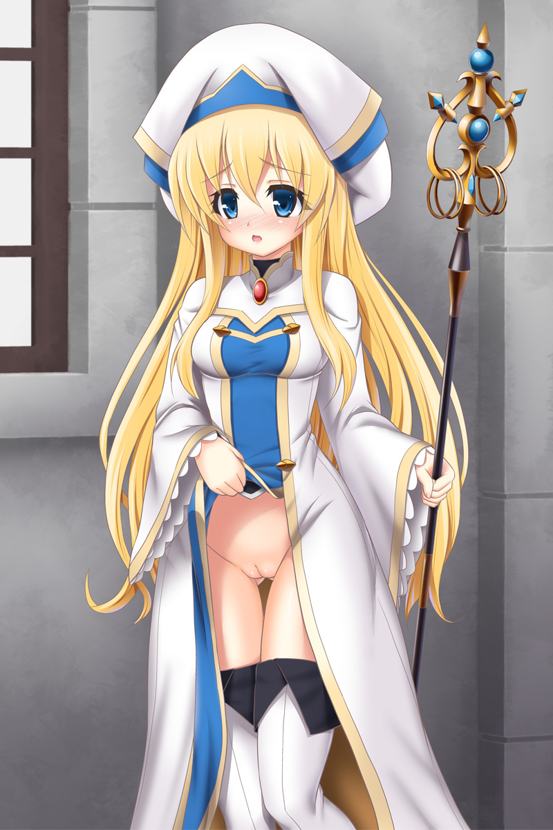 blonde_hair blue_eyes blush boots breasts goblin_slayer! hat highres lifted_by_self long_hair motonaga_hiroya no_panties priestess_(goblin_slayer!) pussy solo staff thigh_boots thighhighs uncensored