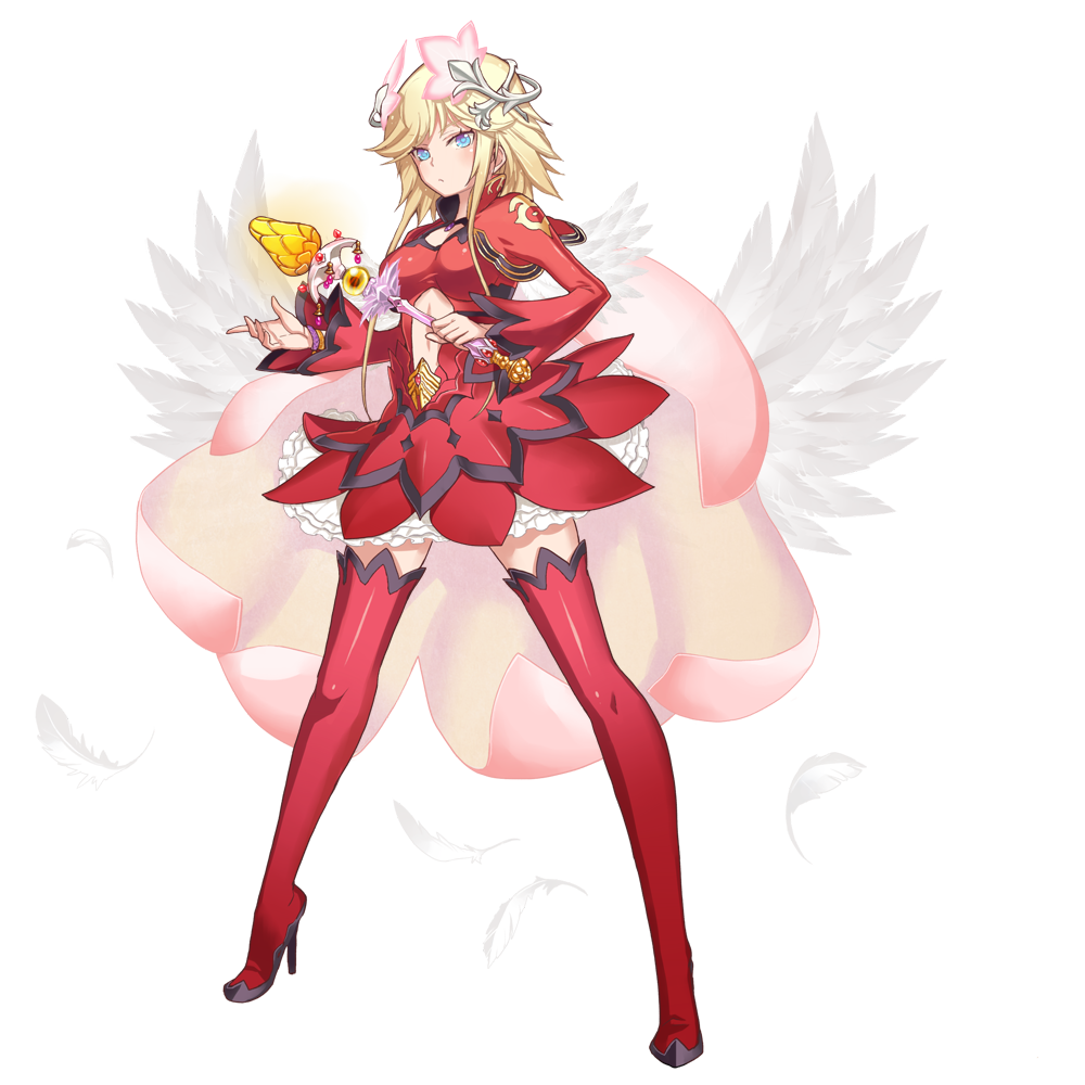 blue_eyes boots character_request feathers full_body high_heel_boots high_heels holding million_arthur_(series) nagi_ryou red_footwear red_legwear solo thigh_boots thighhighs transparent_background wand wings zettai_ryouiki