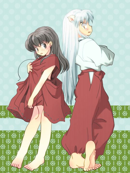 1boy 1girl animal_ears back-to-back barefoot black_hair bottomless brown_eyes costume_swap couple crossed_arms dog_ears higurashi_kagome inuyasha inuyasha_(character) necklace standing white_hair yellow_eyes