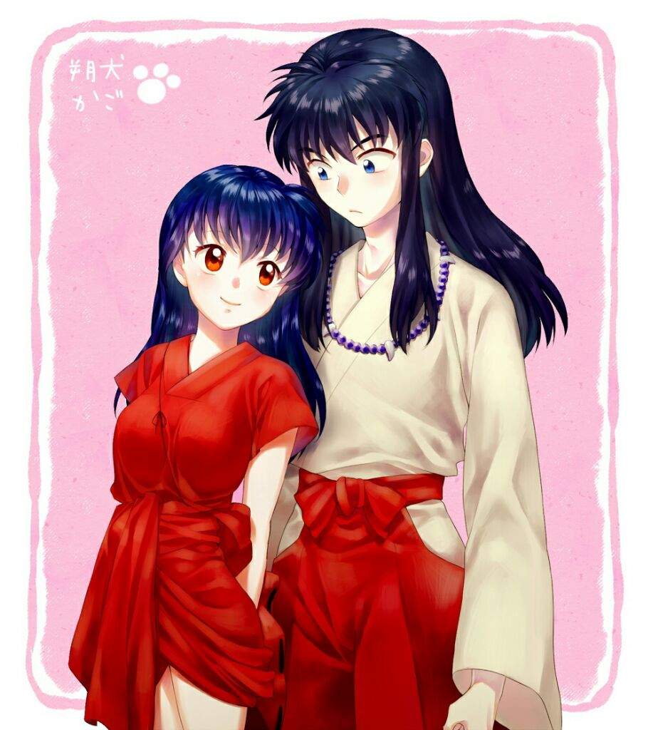 1boy 1girl black_hair blue_eyes brown_eyes costume_swap couple higurashi_kagome inuyasha inuyasha_(character) inuyasha_(human) long_hair necklace smile