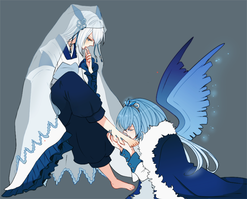 articuno asame21 barefoot blue_cape blue_hair blue_nails blue_wings cape finger_to_mouth foot_kiss full_body gen_1_pokemon gen_2_pokemon grey_background hair_ornament kiss lugia nail_polish personification pokemon profile veil white_hair wide_sleeves wings