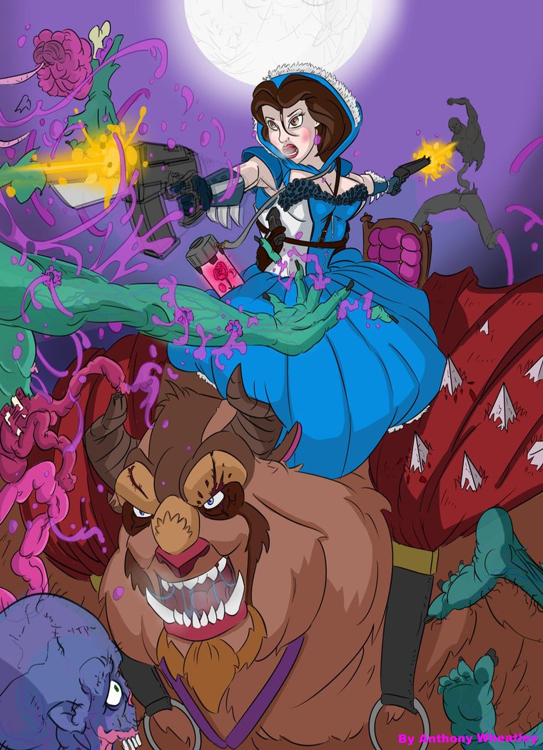 beast_(disney) beauty_and_the_beast belle brain buns cape chair clothing dress fangs flower gun guts human mammal moon plant ranged_weapon rose shotgun superwheatley teeth undead weapon zombie