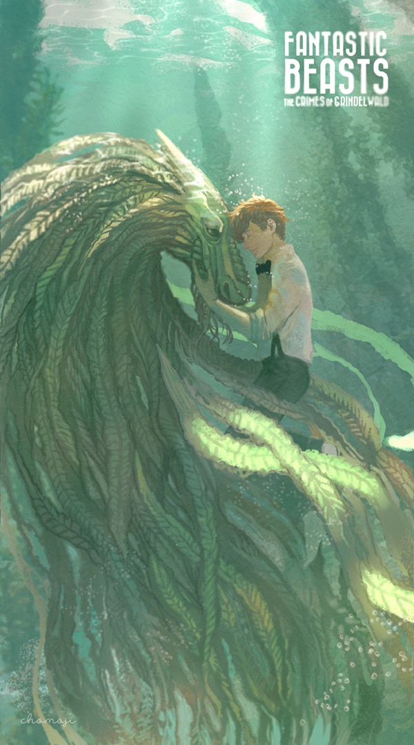 1boy artist_name bow bowtie brown_hair bubble copyright_name eyes_closed fantastic_beasts_and_where_to_find_them freckles horse jippei kelpie male_focus newt_scamander seaweed solo underwater