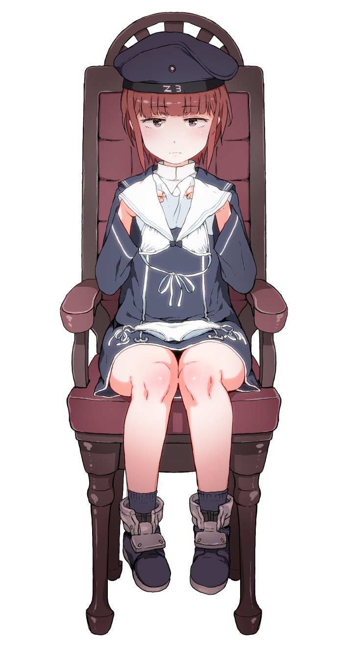 bikini boots brown_eyes chair clothes_writing commentary_request dress eyebrows eyebrows_visible_through_hair full_body gomennasai hat highres holding holding_bikini_top holding_clothes kantai_collection long_sleeves looking_at_viewer sailor_bikini sailor_collar sailor_dress sailor_hat short_hair simple_background sitting socks solo swimsuit swimsuit_removed white_background white_bikini z3_max_schultz_(kantai_collection)