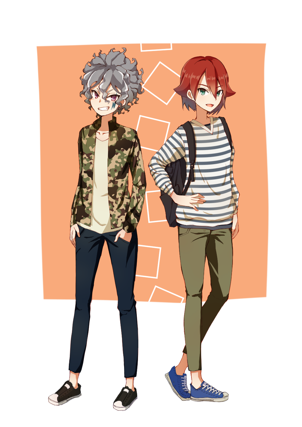 2boys backpack bag camouflage_jacket casual green_eyes grey_hair grin hair_between_eyes highres ichinosawa inazuma_eleven_(series) inazuma_eleven_ares_no_tenbin kira_hiroto kiyama_tatsuya looking_at_viewer multiple_boys purple_eyes red_hair shirt shoes smile sneakers striped striped_shirt wavy_hair