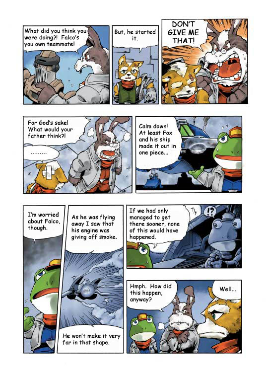 2002 amphibian anthro arwing avian bird canine clothing comic dialogue english_text falco_lombardi fox fox_mccloud frog group lagomorph machine male mammal nintendo official_art peppy_hare rabbit rob_64 robot slippy_toad star_fox text unknown_artist video_games