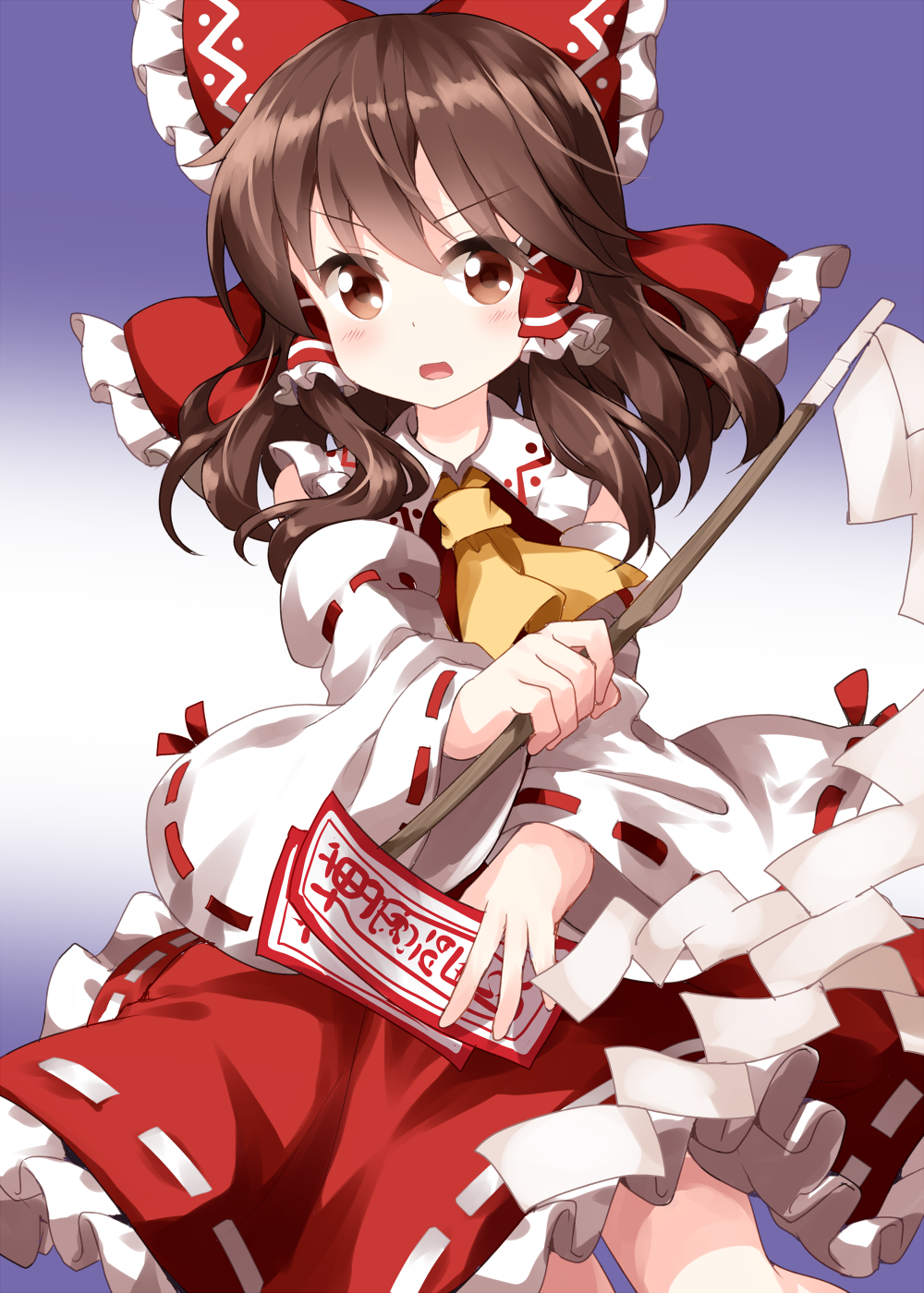 1girl arm_up between_fingers blue_background blush bow brown_eyes brown_hair cravat detached_sleeves eyebrows_visible_through_hair frilled_bow frilled_skirt frills gohei gradient gradient_background hair_between_eyes hair_bow hair_tubes hakurei_reimu head_tilt highres holding looking_at_viewer medium_hair ofuda open_mouth red_skirt red_vest ribbon-trimmed_sleeves ribbon_trim ruu_(tksymkw) simple_background skirt solo touhou vest yellow_neckwear