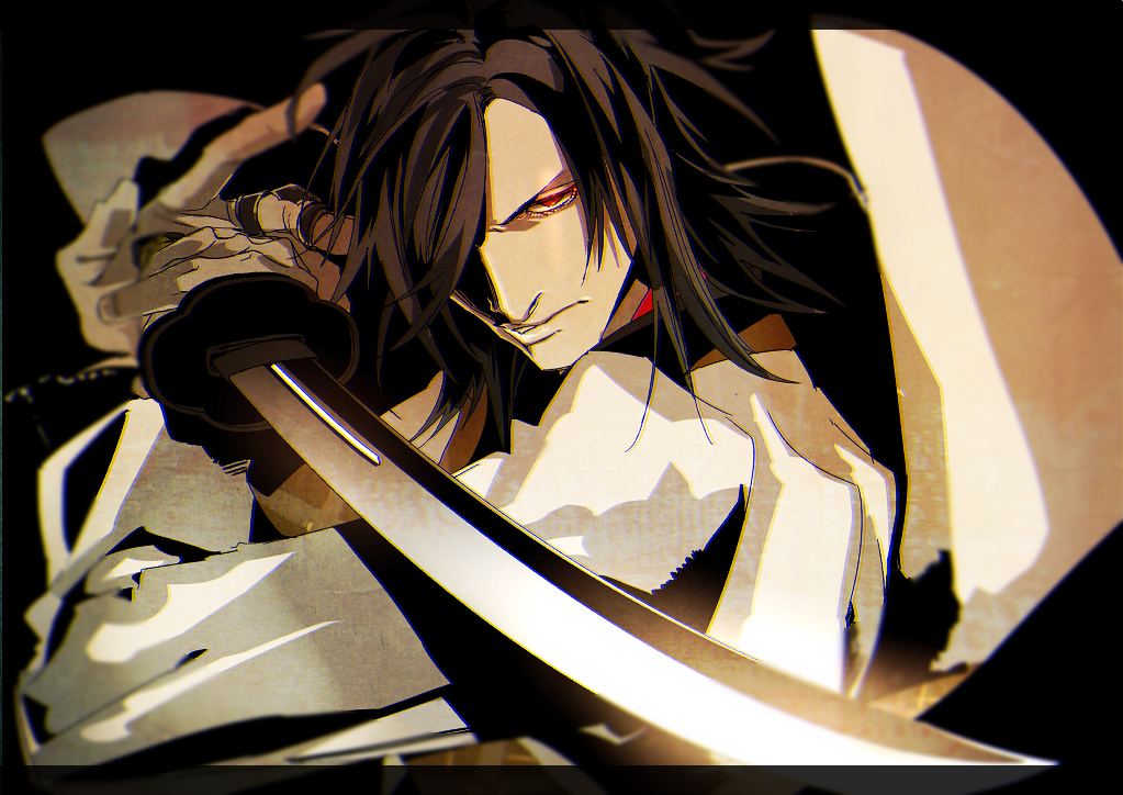fighting_stance glowing glowing_eye hair_over_one_eye holding holding_sword holding_weapon jewelry letterboxed lips long_hair mad369 male_focus messy_hair oodenta_mitsuyo red_eyes ring solo sword touken_ranbu upper_body weapon