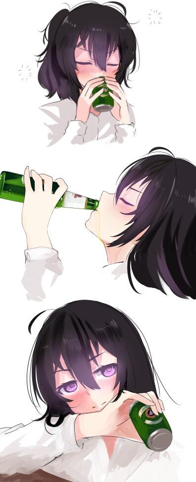 ahoge beer_bottle beer_can beifeng_han black_hair blush can closed_eyes dress_shirt drinking drunk glowing glowing_eyes hair_between_eyes long_hair messy_hair miyaura_sanshio multiple_views original profile purple_eyes shirt