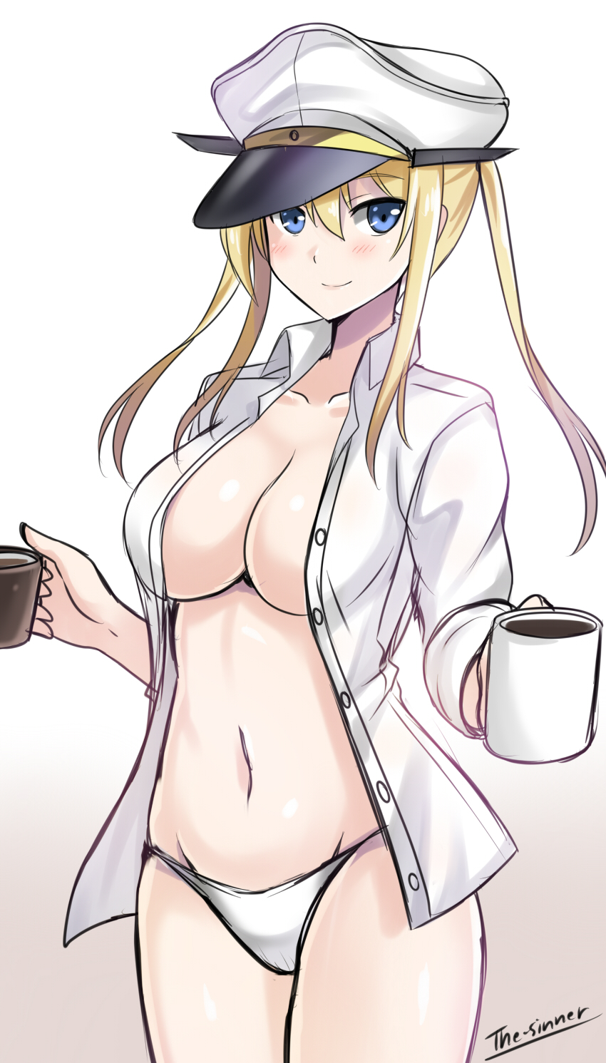 artist_name blonde_hair blush breasts cleavage closed_mouth collarbone collared_shirt cup dress_shirt english eyebrows eyebrows_visible_through_hair gradient gradient_background graf_zeppelin_(kantai_collection) groin hair_between_eyes hat highres holding kantai_collection long_hair long_sleeves looking_at_viewer medium_breasts mug navel no_pants open_clothes open_shirt panties peaked_cap shirt sketch smile solo the-sinner tsurime underwear white_panties wing_collar