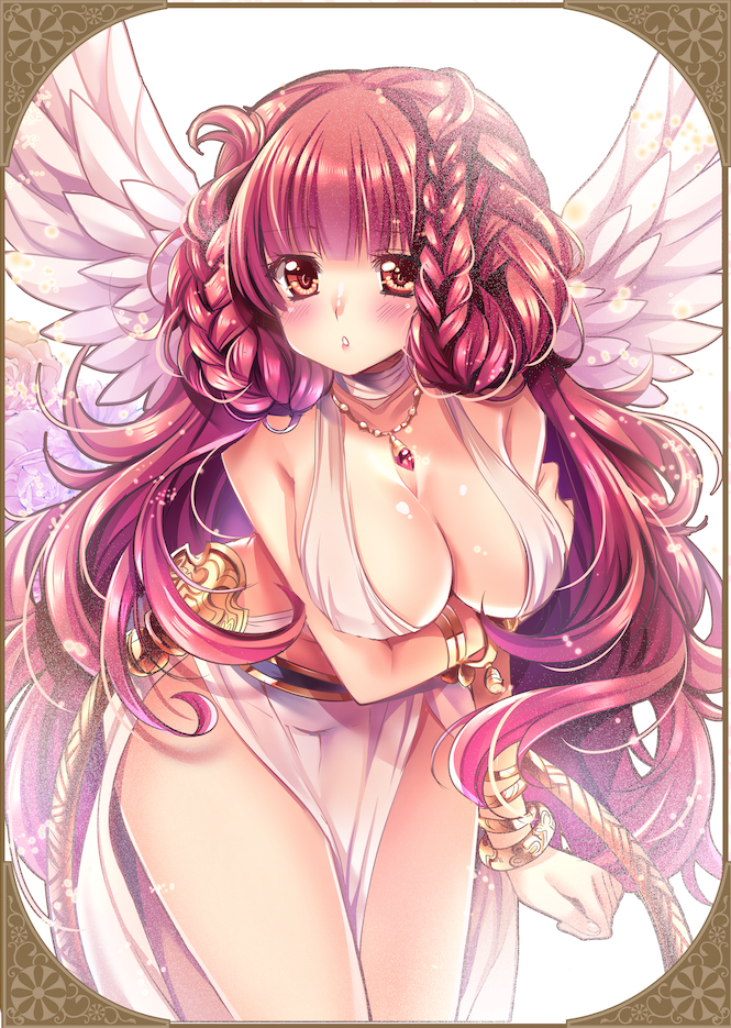 1girl angel_wings bare_shoulders blush bra bracelet braid breast_hold breasts character_request cleavage female large_breasts leaning_forward loincloth long_hair looking_at_viewer necklace red_eyes red_hair sakurano_tsuyu solo standing tales_of_symphonia thighs very_long_hair white_wings wings