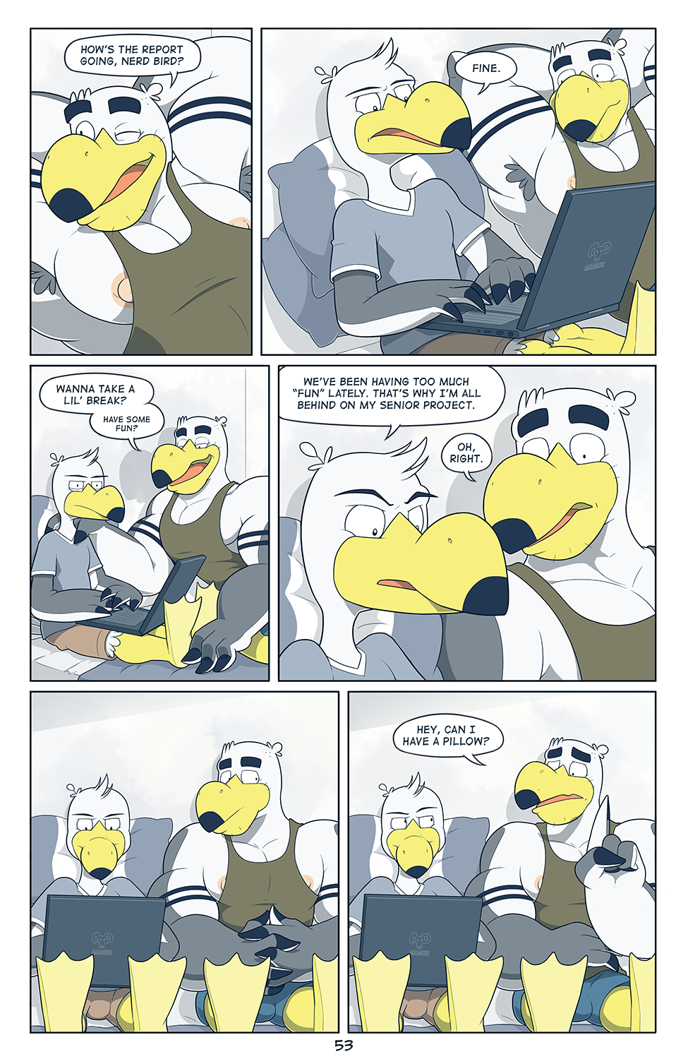 anthro anti_dev avian ayden_(brogulls) bailey_(brogulls) bird comic computer dialogue laptop male seagull