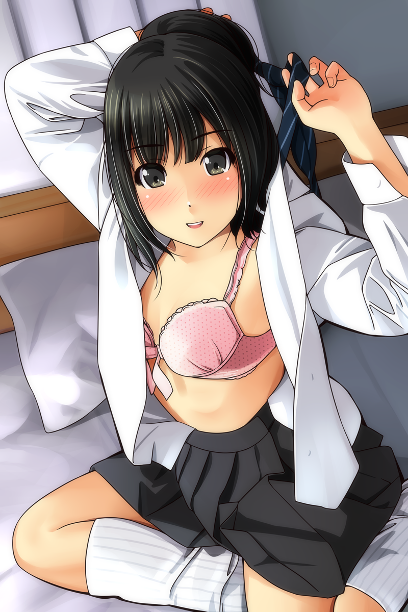 1girl :d arms_up bangs black_hair black_skirt blush bow bow_bra bra brown_eyes commentary_request dress_shirt dressing eyebrows_visible_through_hair fingernails from_above highres kneehighs looking_at_viewer looking_up loose_socks matsunaga_kouyou nose_blush on_bed open_clothes open_mouth open_shirt original pillow pink_bra pleated_skirt polka_dot polka_dot_bra round_teeth shirt skirt smile solo striped striped_legwear teeth underwear upper_teeth vertical-striped_legwear vertical_stripes white_legwear white_shirt