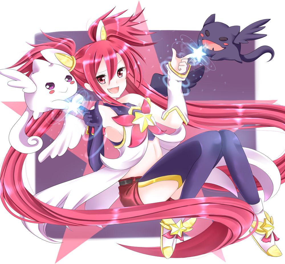 breasts eyebrows_visible_through_hair hair_ornament jinx_(league_of_legends) league_of_legends looking_at_viewer low_twintails mintmia11 red_hair ribbon short_twintails skirt star_guardian_jinx twintails