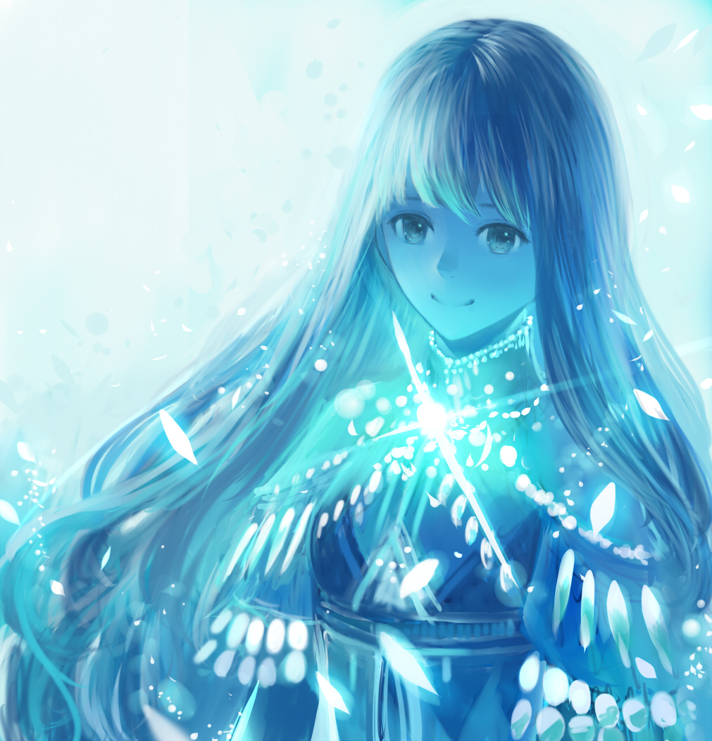 blue light_particles limited_palette long_hair looking_at_viewer original petals sakimori_(hououbds) smile solo sparkle