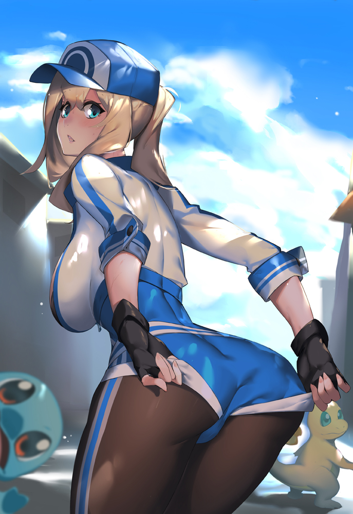 adjusting_clothes aqua_eyes ass bangs baseball_cap black_gloves black_legwear blonde_hair blue_shorts breasts charmander cloud cropped_jacket dappled_sunlight day female_protagonist_(pokemon_go) fingerless_gloves fingernails from_behind gen_1_pokemon gloves guratan hat jacket large_breasts leaning_forward leggings looking_at_viewer looking_back open_mouth outdoors pokemon pokemon_(creature) pokemon_go ponytail shadow shorts shorts_tug sidelocks skin_tight sky sleeves_folded_up solo squirtle sunlight white_jacket zipper