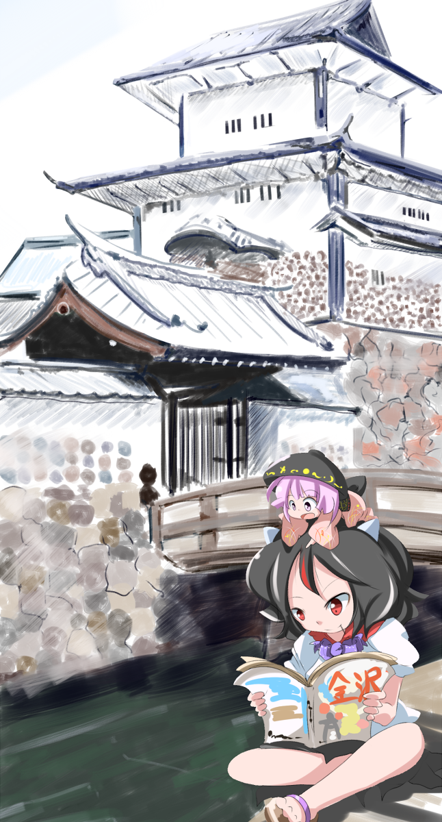 :d architecture black_hair bowl bowl_hat bridge castle east_asian_architecture hat highres horns indian_style japanese_clothes kijin_seija kikurage_(sugi222) kimono lavender_eyes lavender_hair looking_down magazine multicolored_hair multiple_girls on_head open_mouth outdoors person_on_head puffy_short_sleeves puffy_sleeves red_eyes sandals short_hair short_sleeves sitting smile streaked_hair sukuna_shinmyoumaru toothpick touhou translated