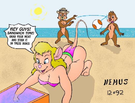 1992 anthro beach bikini chip chip_'n_dale_rescue_rangers clothing dale disney female gadget_hackwrench group innuendo male nemus seaside swimsuit