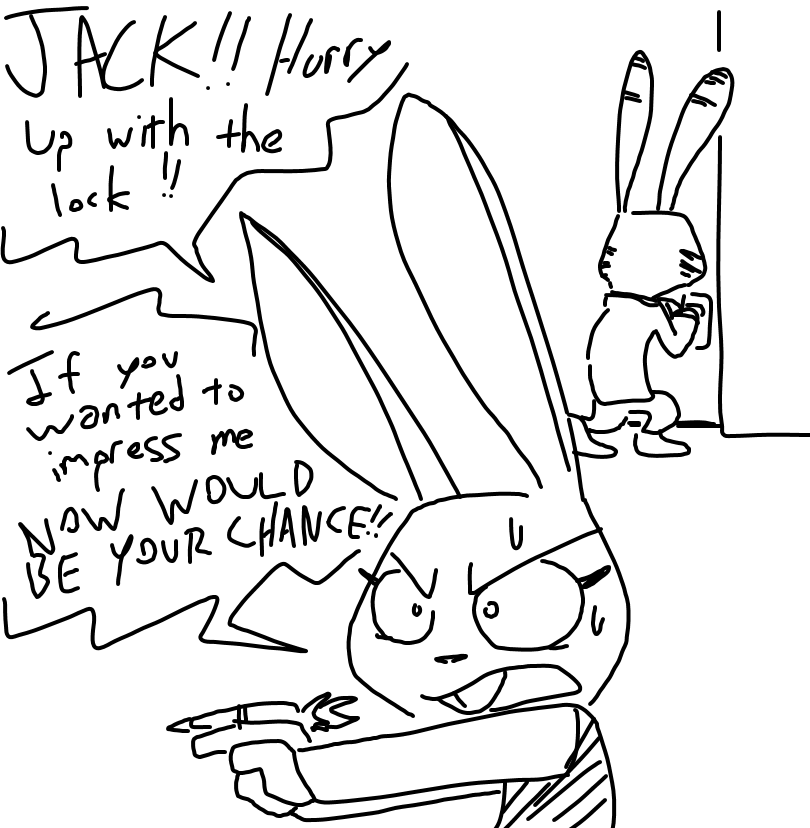 2016 angry anthro black_and_white buckteeth clothed clothing dialogue disney duo english_text female fully_clothed fur holding_object jack_savage judy_hopps lagomorph line_art long_ears mammal monochrome open_mouth plantigrade rabbit ranged_weapon simple_background speech_bubble sweat teeth text the_weaver weapon white_background yelling zootopia