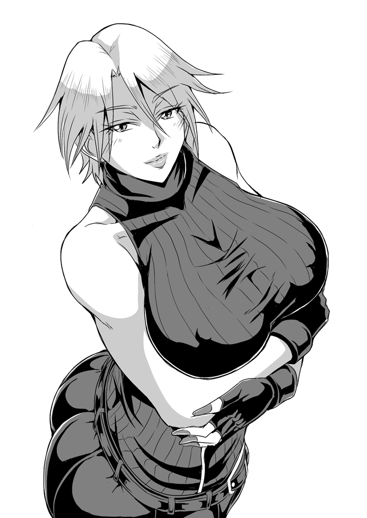 1girl ass bare_shoulders breast_hold breasts christie_(doa) dead_or_alive erect_nipples huge_breasts looking_at_viewer monochrome short_hair smile solo white_hair