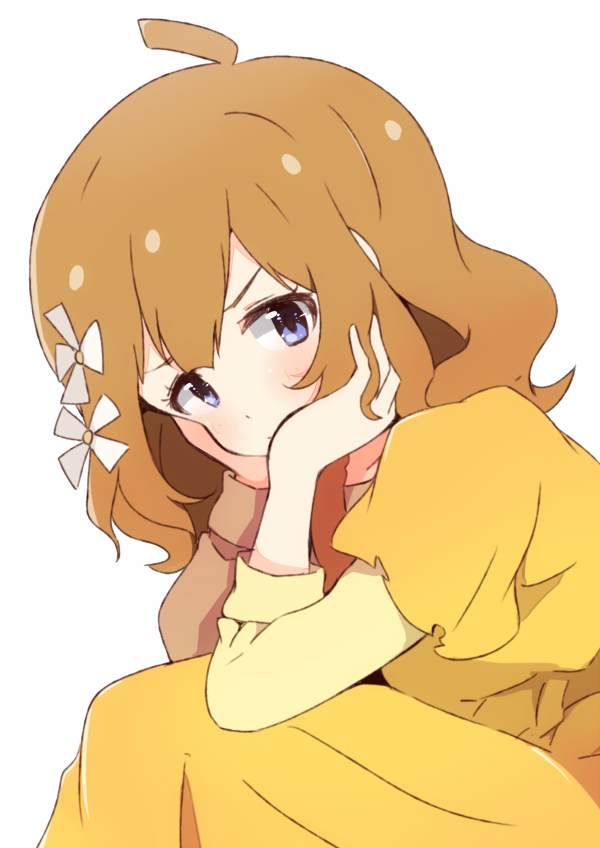 1girl ahoge arm_support bangs blue_eyes blush brown_hair closed_mouth dress enelis eyebrows_visible_through_hair flower hair_flower hair_ornament head_in_hand idolmaster idolmaster_million_live! idolmaster_million_live!_theater_days long_hair long_sleeves looking_at_viewer short_over_long_sleeves short_sleeves simple_background sitting solo suou_momoko white_background white_flower yellow_dress