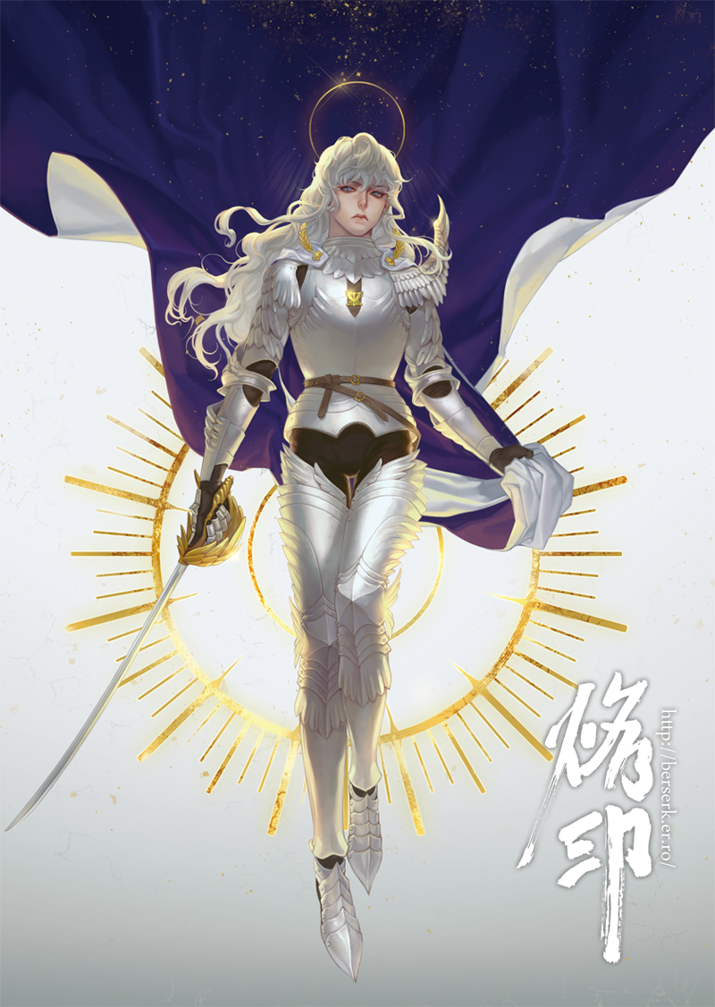 armor belt berserk blue_eyes cape eclipse frown full_body gauntlets griffith halo holding holding_sword holding_weapon kenny_(poe90) long_hair male_focus saber_(weapon) serious solo sword watermark wavy_hair weapon web_address white_armor white_hair