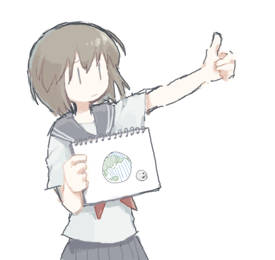 1girl arm_up black_sailor_collar black_skirt brown_hair commentary_request earth holding moon naname_(fossama1) neckerchief notepad original pleated_skirt red_neckwear sailor_collar shirt short_hair short_sleeves simple_background skirt solo spiral standing thumbs_up white_background white_shirt |_|