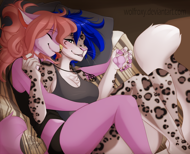 2016 5_fingers anthro blue_eyes blue_hair breasts cat clothed clothing duo eyelashes eyes_closed feline female fur grey_fur hair jewelry leopard licking lying mammal necklace pink_fur pink_nose smile spots spotted_fur tongue tongue_out wolflady
