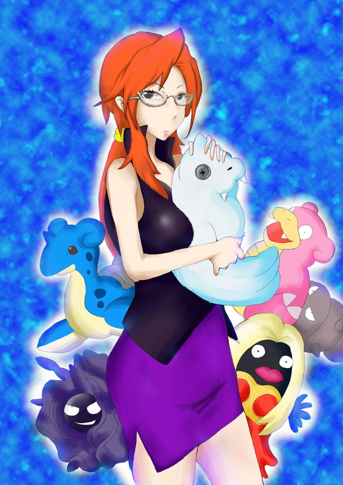 1girl bare_arms bare_shoulders breasts brown_eyes cloyster dewgong doll elite_four glasses hand_on_head kanna_(pokemon) lapras large_breasts long_hair miniskirt orange_hair plush pokemon pokemon_(creature) pokemon_(game) pokemon_frlg ponytail skirt sleeveless slowbro standing