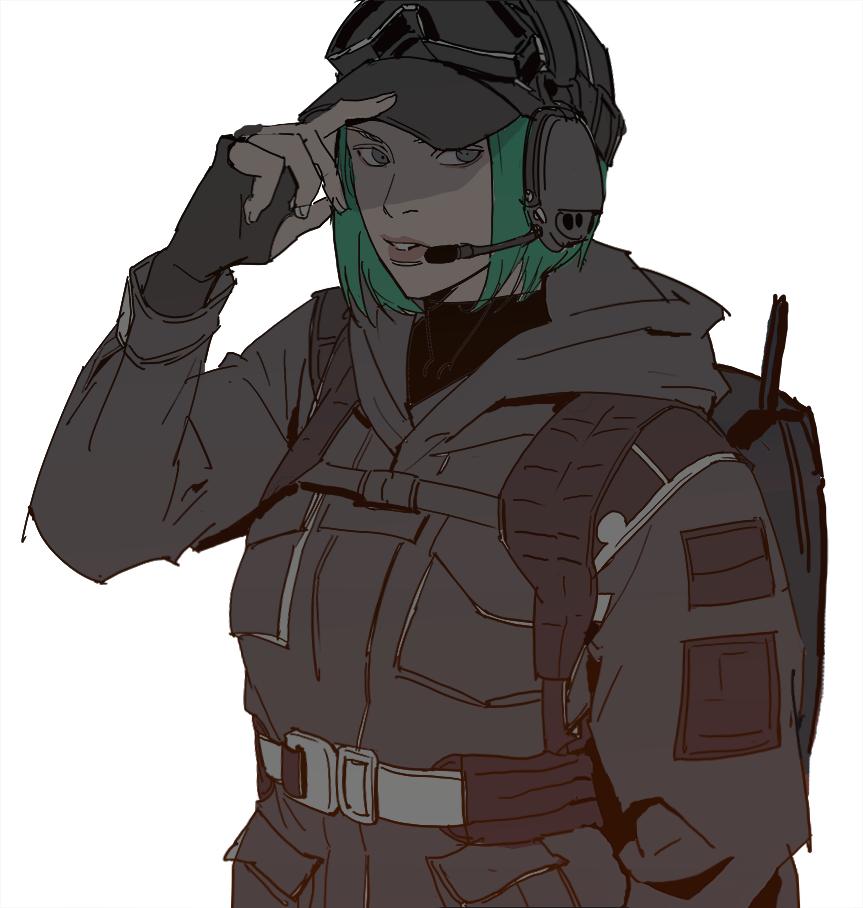 1girl backpack bag baseball_cap black_gloves ear_protection ela_(rainbow_six_siege) fingerless_gloves gloves goggles goggles_on_headwear green_hair hand_to_hat hat headset hood hood_down jacket jacket_on_shoulders long_sleeves looking_at_viewer military military_uniform qwe1007 rainbow_six_siege shade short_hair simple_background solo uniform white_background