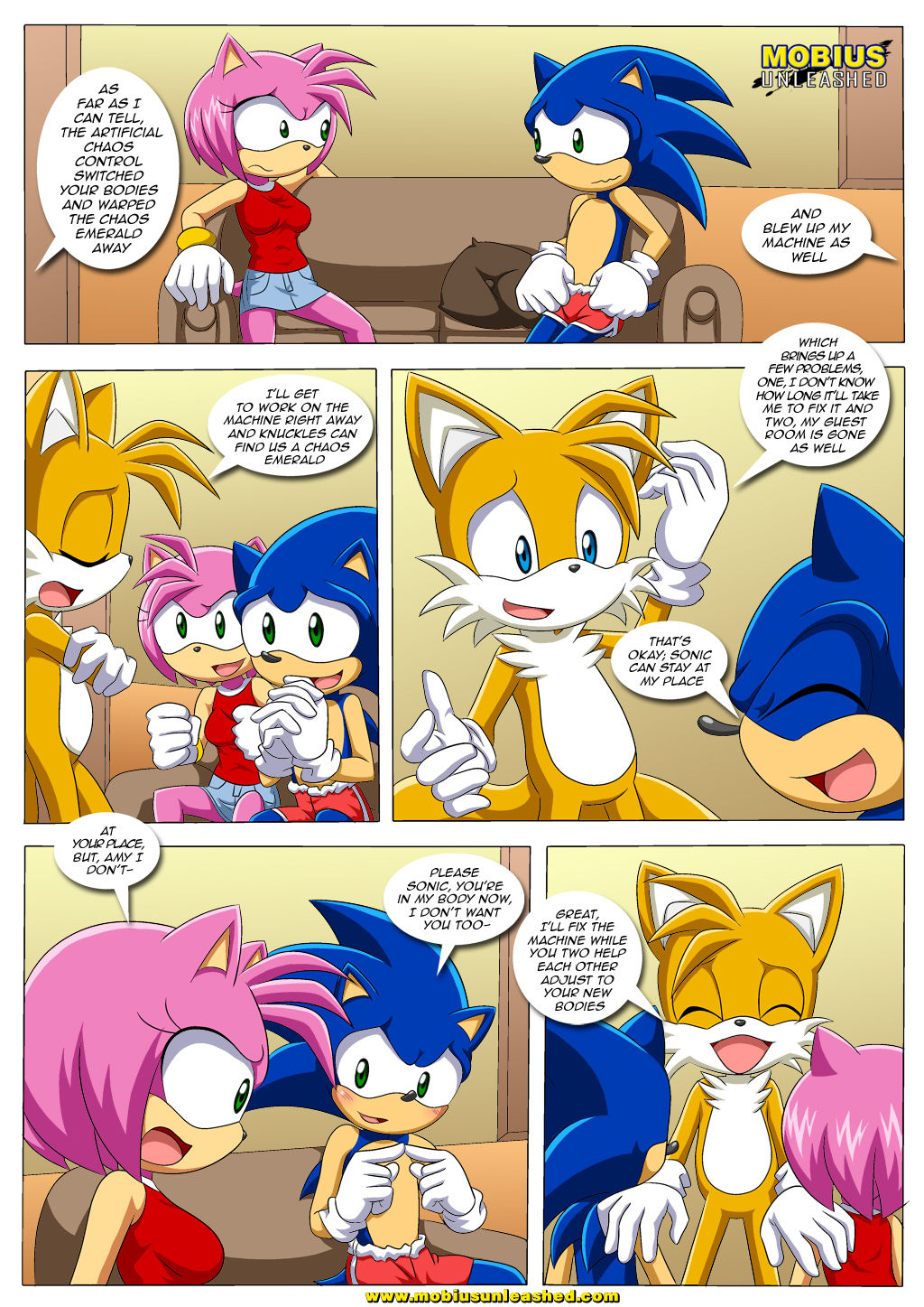 2012 ^_^ amy_rose bbmbbf body_swap breasts canine clothing comic cushion door eyes_closed female fox gloves hairband happy hedgehog holding_shorts holding_shoulder living_room male mammal miles_prower mobius_unleashed palcomix palcomix_vip shirt shorts skirt smile sofa sonic_(series) sonic_the_hedgehog stare text worried