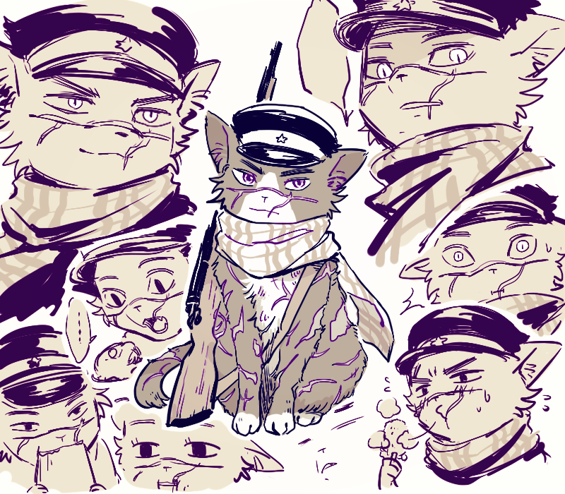 animalization artist_request cat character_sheet eating golden_kamuy hat no_humans partially_colored peaked_cap rifle scar sugimoto_saichi weapon white_background