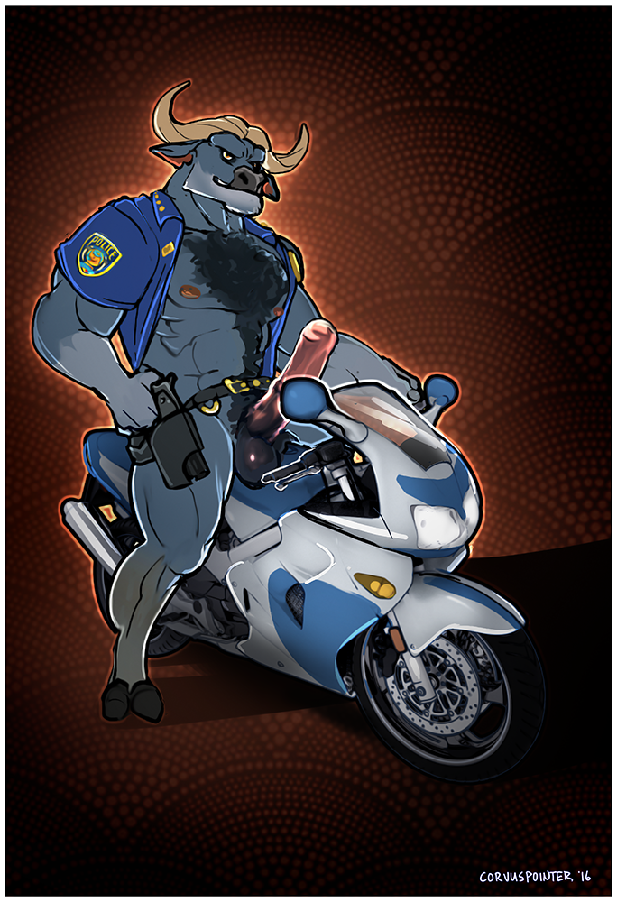 animal_genitalia animal_penis anthro balls body_hair bovine chief_bogo clothed clothing corvuspointer disney equine_penis erection gun male mammal muscular muscular_male open_shirt penis police presenting ranged_weapon shirt solo vehicle weapon zootopia