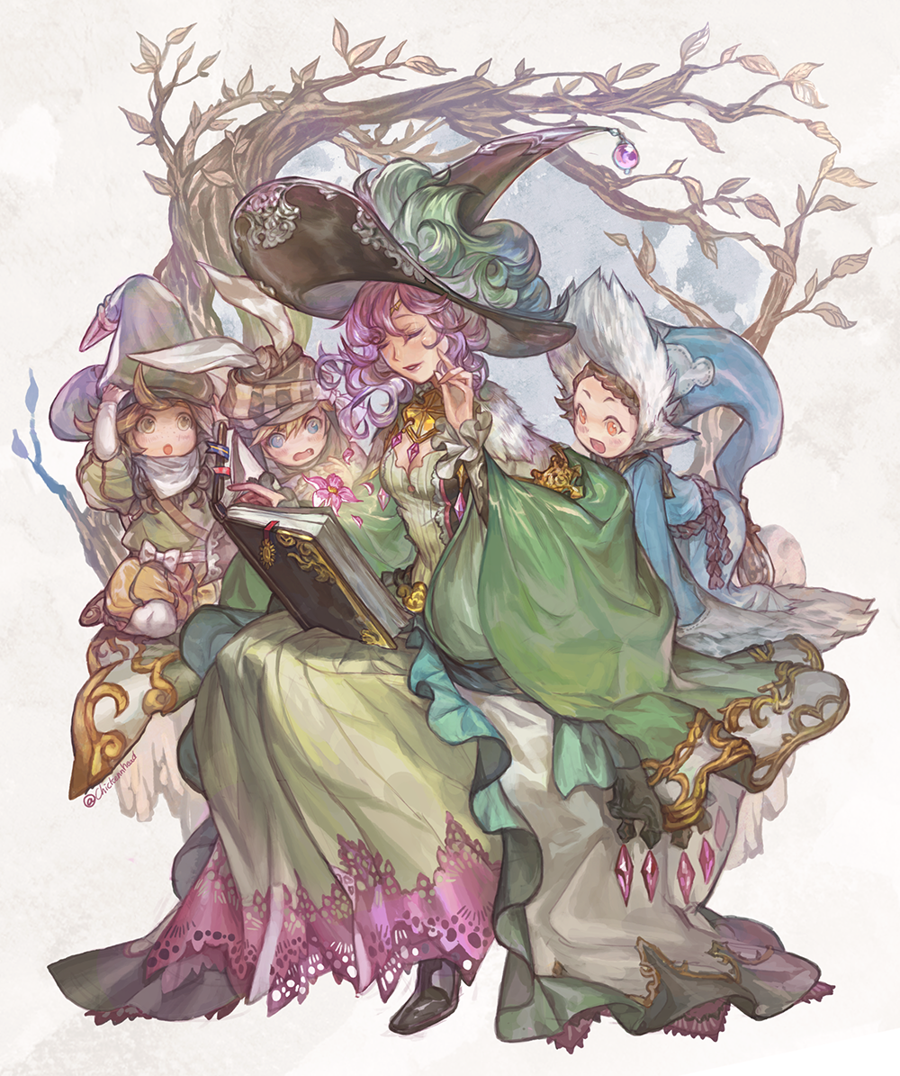 3girls :d agnesgd all_fours bangs black_hat blonde_hair blue_dress blue_eyes blue_hat blush book bow braid breasts brown_hair circlet cleavage closed_eyes colored_eyelashes diamond_(shape) dress fang flower freckles granblue_fantasy green_dress green_hat hand_on_headwear harvin hat leaf lennah leonora_(granblue_fantasy) long_sleeves multiple_girls norcel open_book open_mouth orange_eyes pointy_ears purple_hair reading short_hair sitting sleeves_past_wrists small_breasts smile suframare tree twitter_username white_bow wide_sleeves wizard_hat