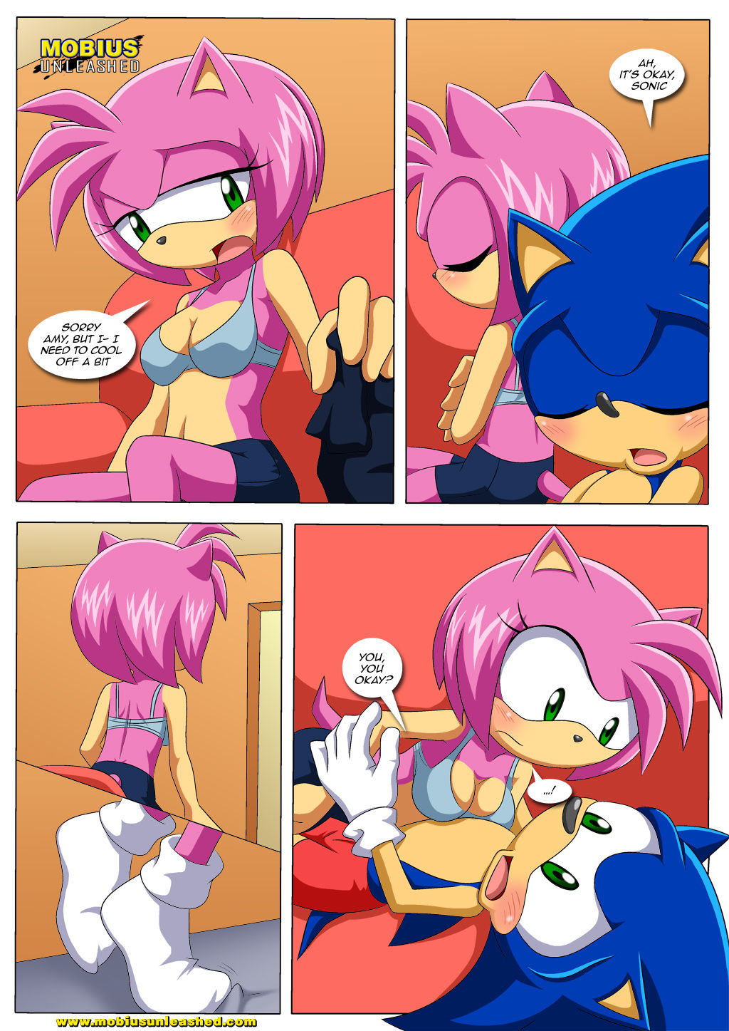 ! ... 2012 amy_rose bbmbbf blush body_swap breasts carpet cleavage clothed clothing comic female gloves half-closed_eyes hedgehog horny legwear living_room male mammal mobius_unleashed navel o_o palcomix palcomix_vip shirt shorts skirt socks sofa sonic_(series) sonic_the_hedgehog text trip