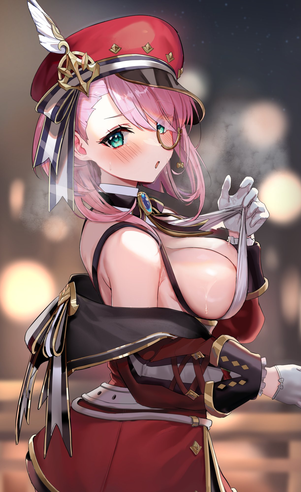 1girl bare_shoulders belt blush breasts breath brooch cabbie_hat charlotte_(genshin_impact) commentary_request genshin_impact gloves green_eyes hat highres hominamia jewelry large_breasts long_sleeves looking_at_viewer medium_hair monocle off_shoulder parted_lips pink_hair red_headwear red_skirt sideboob skirt solo suspenders upper_body white_belt white_gloves