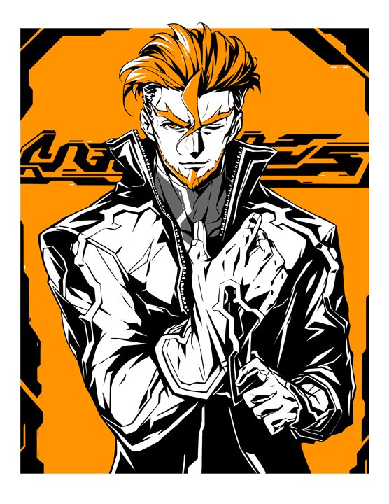 1boy beard border closed_mouth collarbone collared_jacket commentary_request facial_hair gloves hair_between_eyes high_collar high_contrast jacket kijimoto_yuuhi leather leather_jacket long_sleeves looking_at_viewer magnus_blitzen male_focus monochrome museca one_eye_closed open_clothes open_jacket orange_background orange_eyes orange_hair short_hair smirk solo spot_color thick_eyebrows upper_body v-shaped_eyebrows very_short_hair white_border zipper