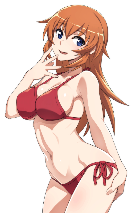 1girl bikini blue_eyes blush breasts charlotte_e._yeager cleavage large_breasts long_hair looking_at_viewer nanashino navel open_mouth orange_hair red_bikini side-tie_bikini_bottom simple_background smile solo strike_witches swimsuit white_background world_witches_series