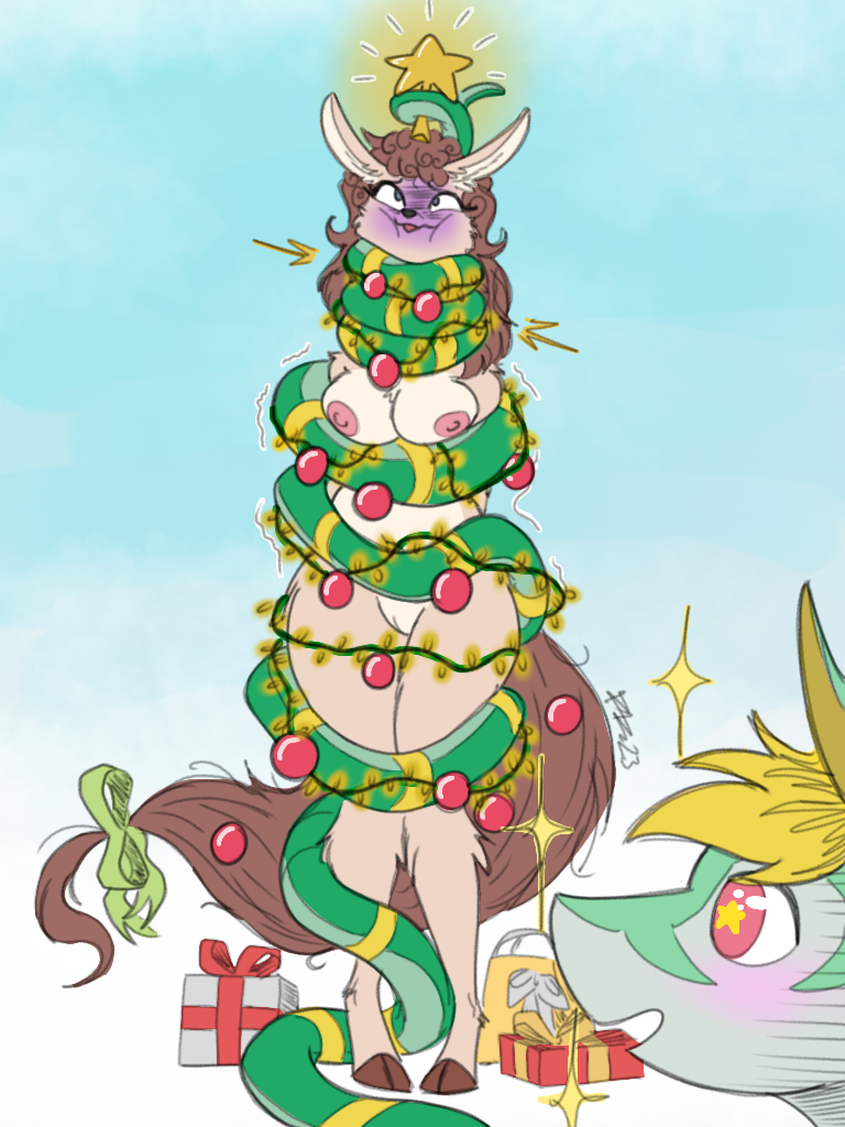 3:4 anthro asphyxiation big_breasts blonde_hair bow_ribbon breasts breath_play brown_body brown_fur brown_hair camelid christmas christmas_lights christmas_tree coiling duke_the_serperior duo female feral fur generation_5_pokemon gift green_body hair holidays hooves llama long_neck long_tail male male/female mammal mocca_the_llama nintendo nipples nude plant pokemon pokemon_(species) reptile ribbons scalie serperior snake squeezing tail tree unknown_artist
