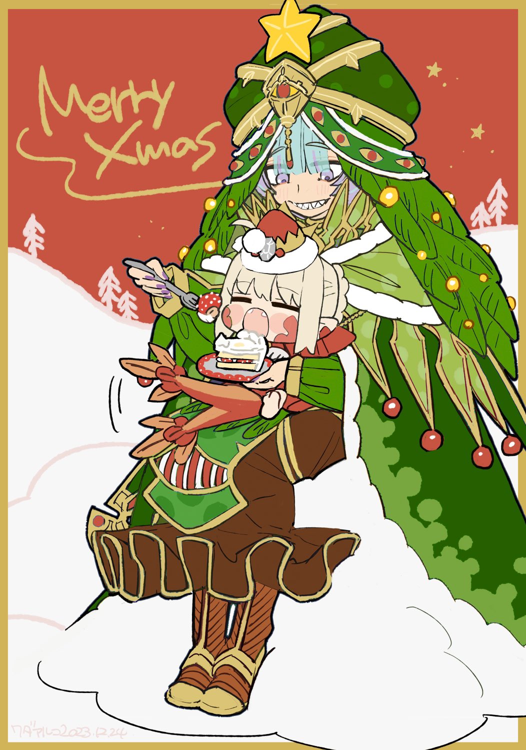 2girls ahoge blonde_hair cake chibi christmas_tree_costume closed_eyes dragon_tail fangs fate/grand_order fate_(series) feeding food fork green_hair hat highres hood locusta_(fate) merry_christmas multiple_girls nero_claudius_(fate) pointy_ears purple_eyes purple_nails queen_draco_(fate) santa_hat sharp_teeth sitting sitting_on_lap sitting_on_person smile tail tail_wagging teeth wada_arco