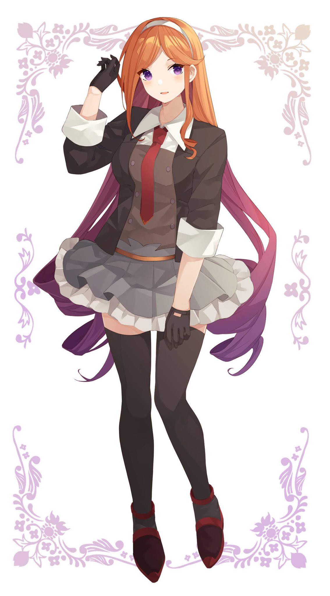 1girl black_gloves black_jacket black_thighhighs blush drill_hair frilled_skirt frills full_body gloves gradient_hair grey_skirt hairband highres jacket kantai_collection long_hair looking_at_viewer multicolored_hair necktie open_clothes open_jacket parted_lips purple_eyes purple_hair red_necktie shakemi_(sake_mgmgmg) simple_background skirt solo thighhighs very_long_hair white_hairband yuugure_(kancolle)