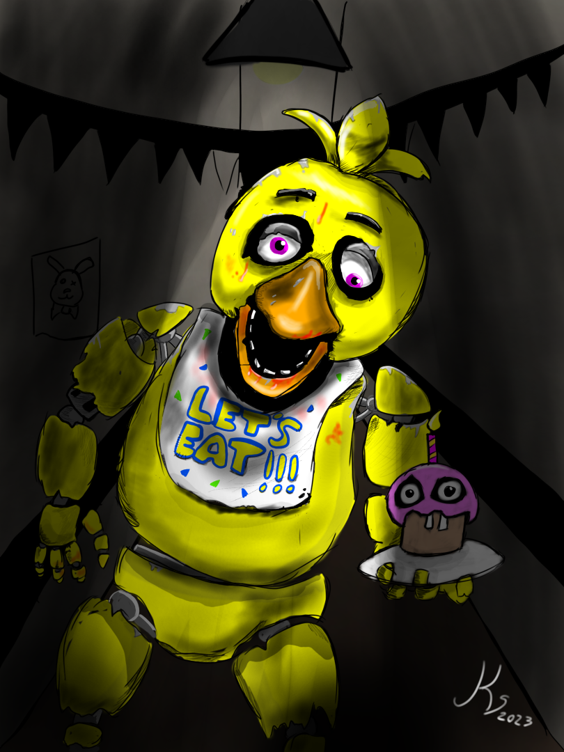 3:4 animatronic anonymous_artist avian bird chica_(fnaf) chicken cupcake female five_nights_at_freddy's food galliform gallus_(genus) machine phasianid robot scottgames solo