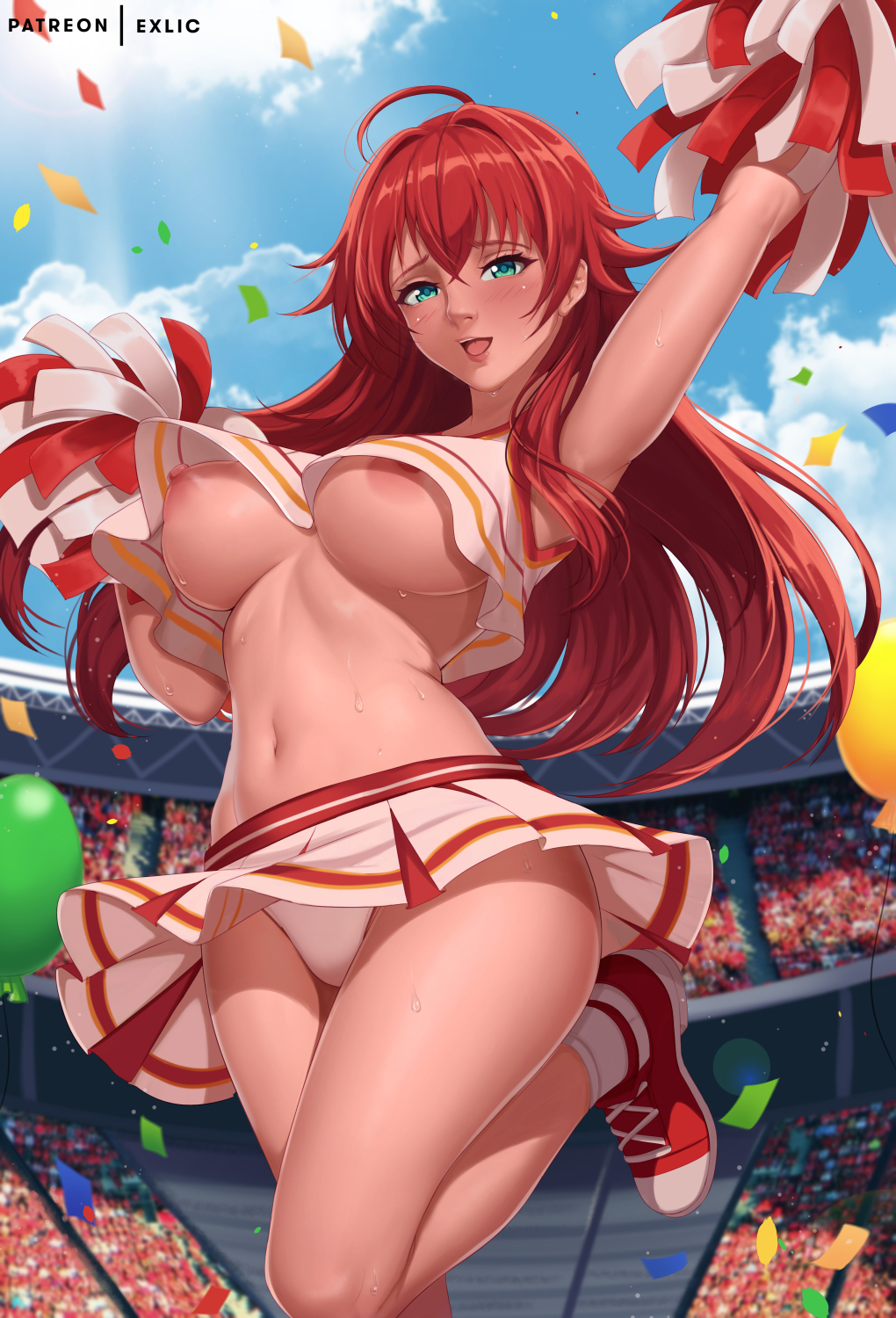 1girl :d ahoge alternate_costume arm_up blue_eyes blue_sky breasts cheering cheerleader confetti crop_top crossed_bangs crowd day exlic hair_between_eyes high_school_dxd highres holding holding_pom_poms large_breasts light_blush lips long_hair miniskirt navel nipple_slip nipples no_bra open_mouth outdoors panties pantyshot pleated_skirt pom_pom_(cheerleading) red_footwear red_hair red_trim rias_gremory shoes skirt sky smile sneakers socks solo_focus stadium standing standing_on_one_leg sweat underboob underwear white_panties white_skirt white_socks