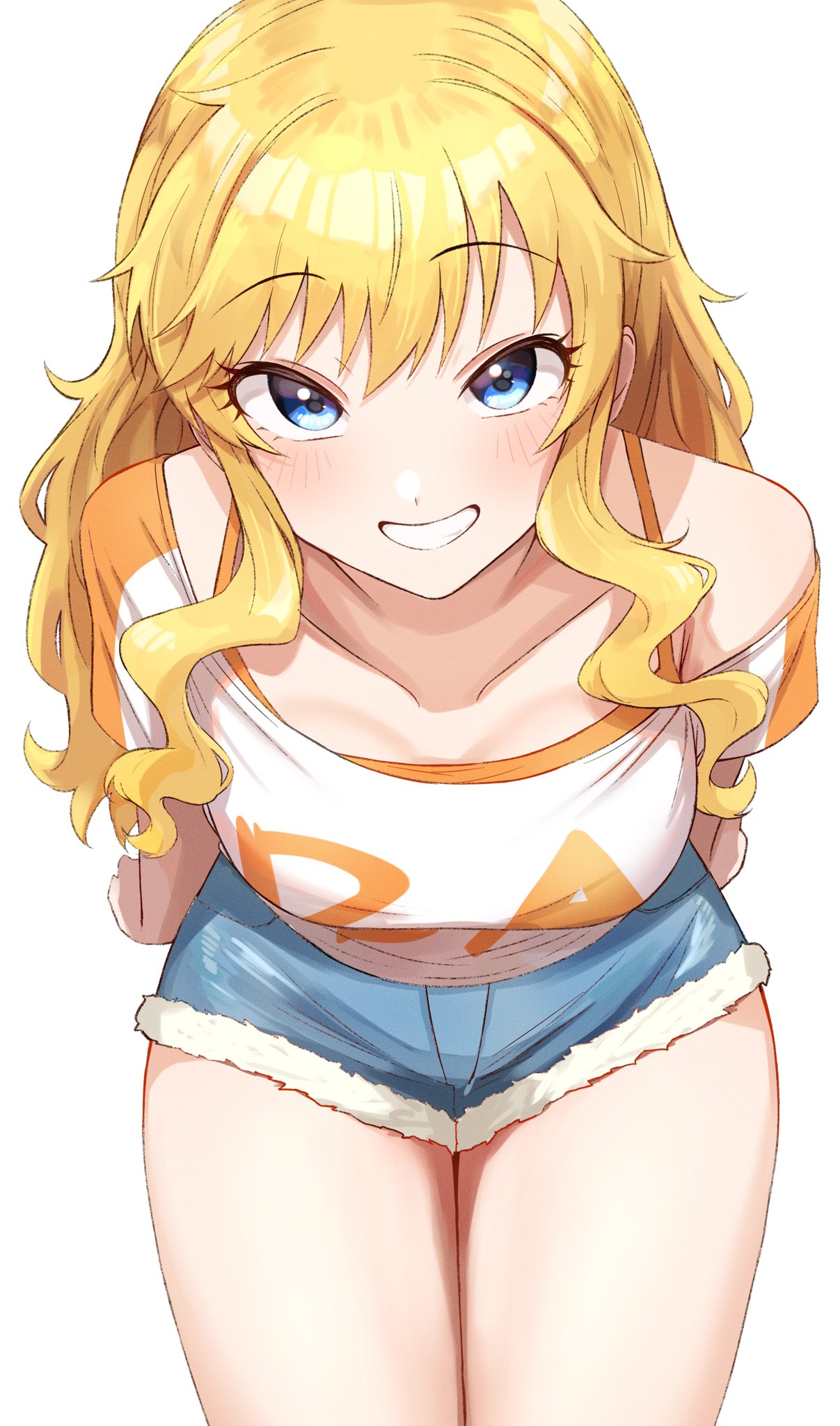 1girl ban_(puka_0507) blonde_hair blue_eyes blush breasts collarbone denim denim_shorts fur-trimmed_shorts fur_trim highres idolmaster idolmaster_cinderella_girls long_hair looking_at_viewer medium_breasts ohtsuki_yui open_mouth orange_shirt shirt shorts smile solo thighs wavy_hair